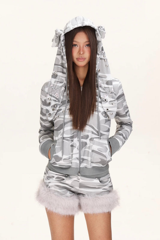 Camouflage rabbit hooded drawstring hoodie plush shorts set
