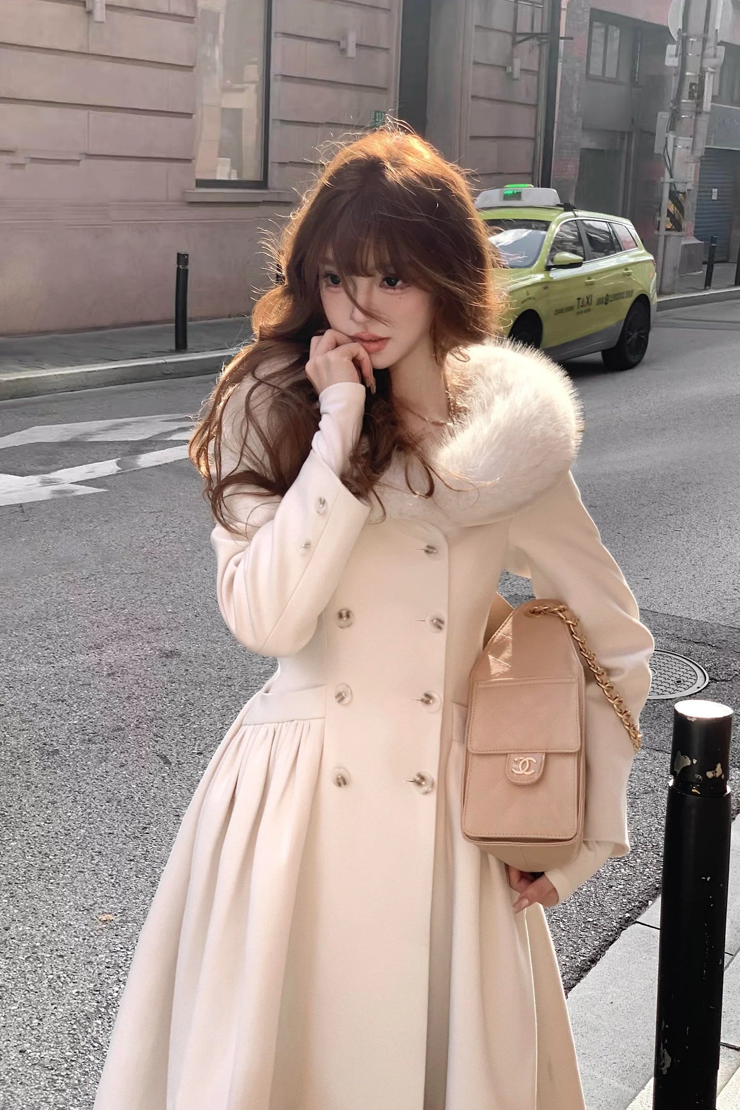Ivory Faux Fur Collar Maxi Flare Coat