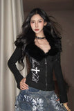 Cross print fur collar long sleeved top