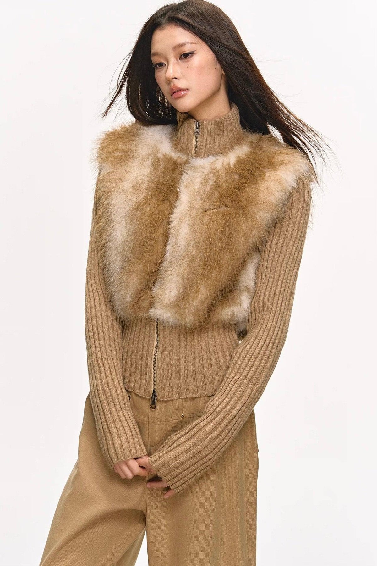 faux fur knitted spliced jacket