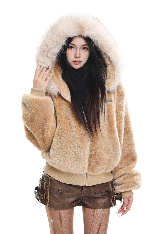 Detachable fur collar hooded cotton jacket