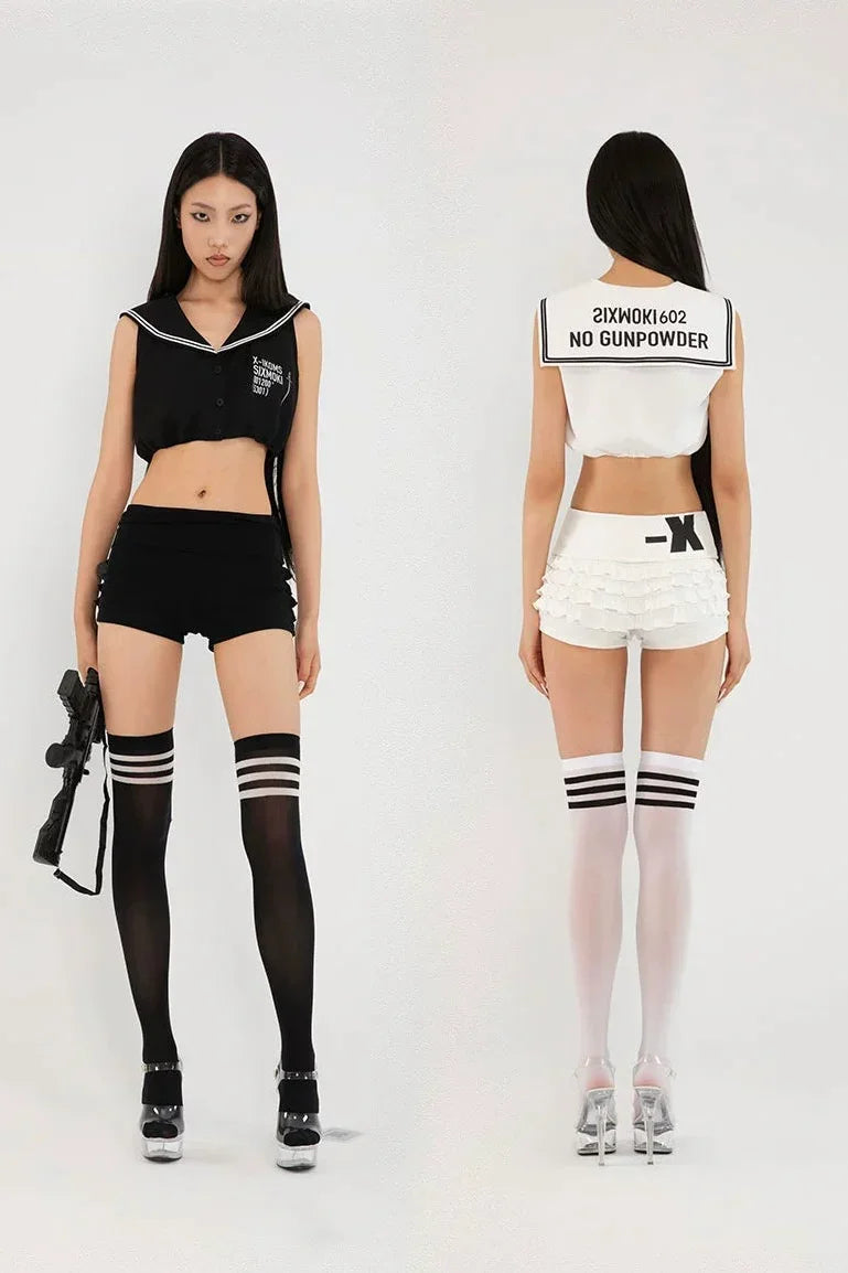 Navy neck bubble top shorts set