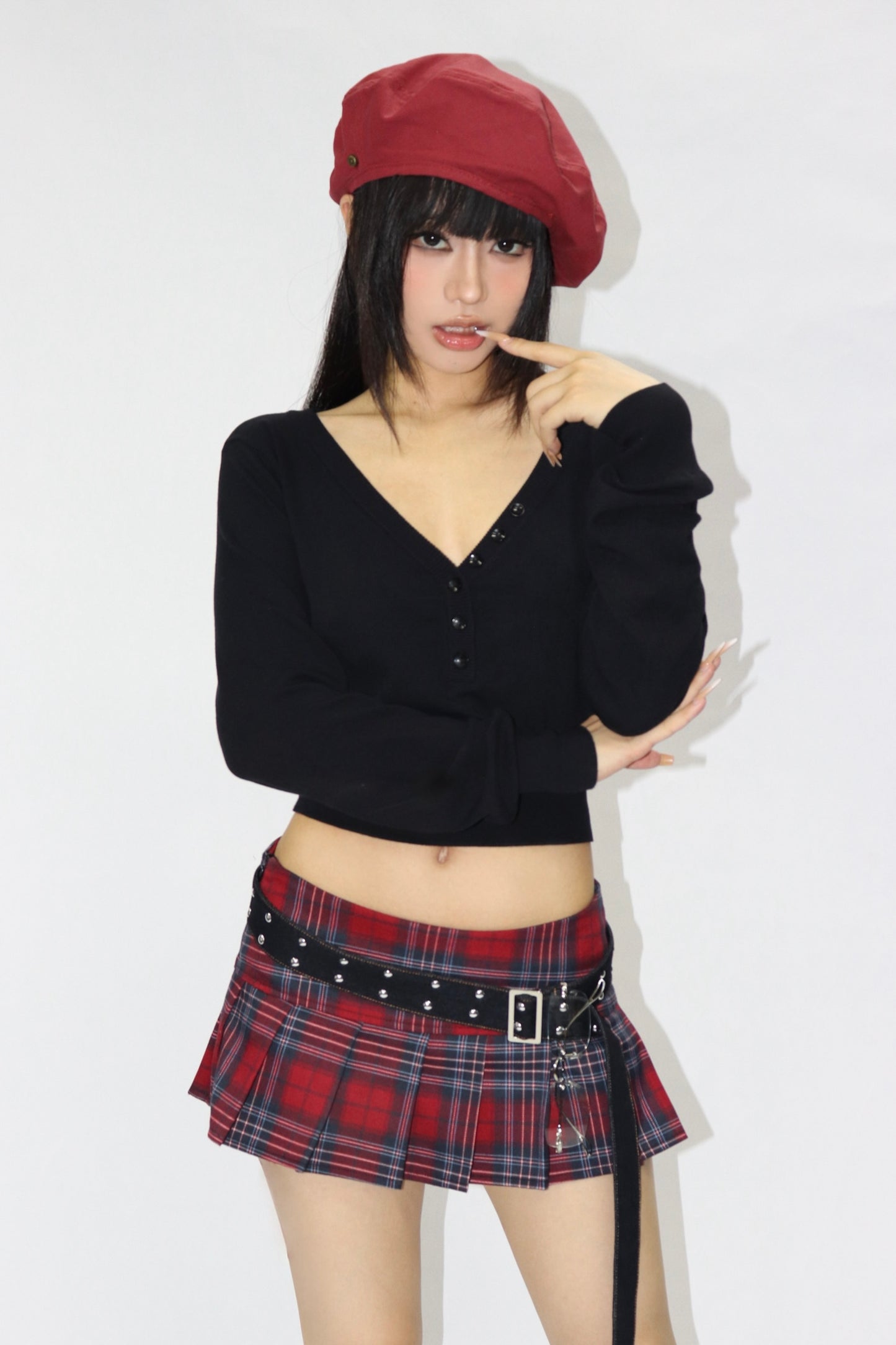 Low waist retro pleated red plaid miniskirt