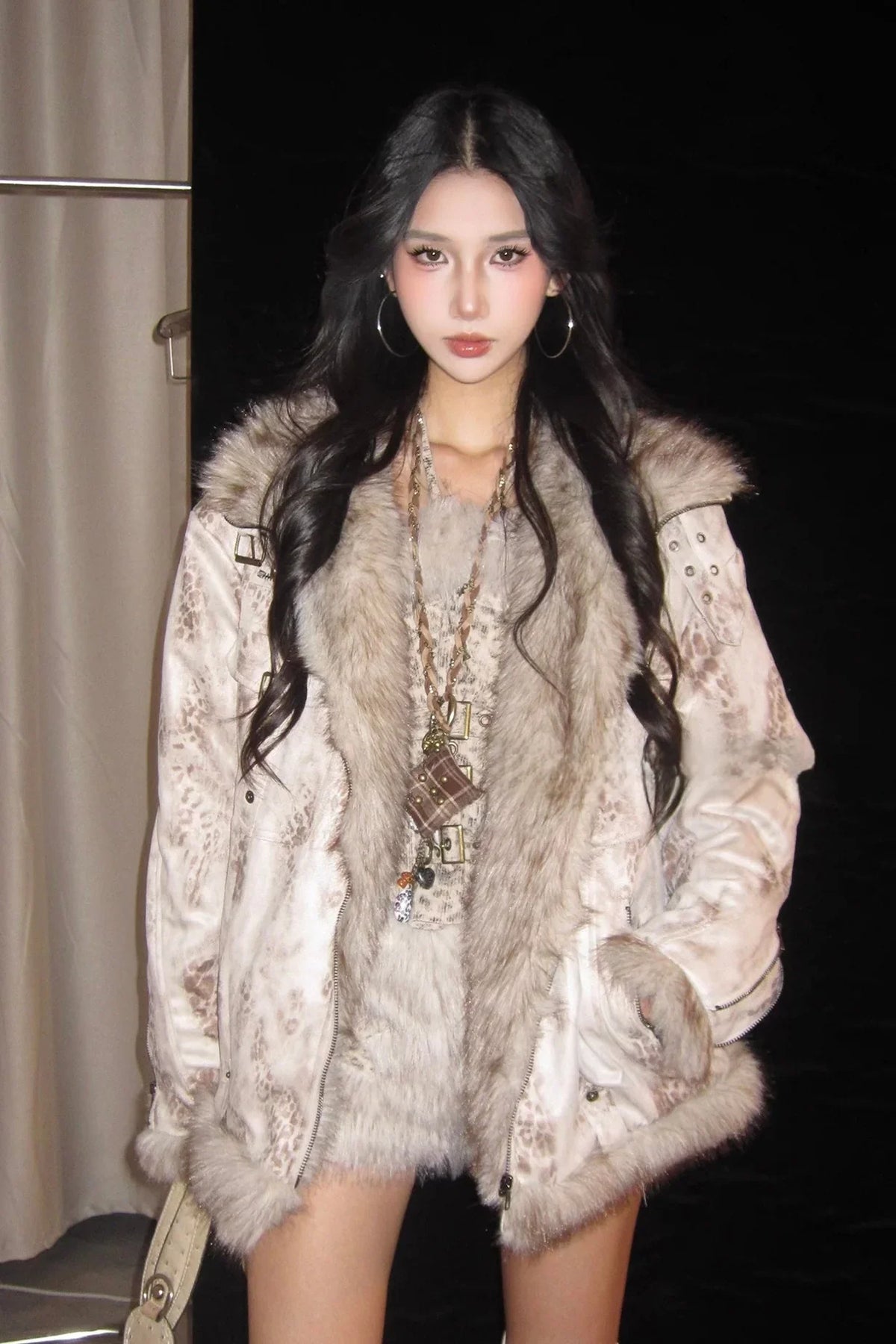 Apricot Leopard Print Faux Fur Patchwork Jacket