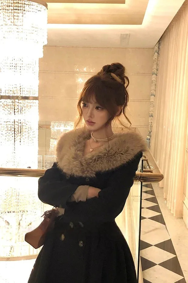 Black Faux Fur Collar Maxi Flare Coat