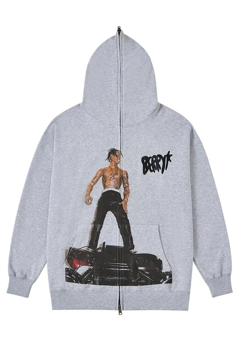 Spoof Travis Scott Portrait Grey Embroidered Hooded Jacket
