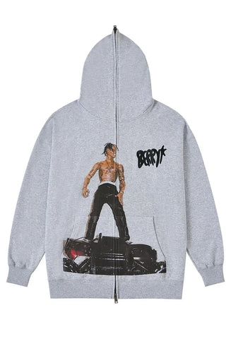 Spoof Travis Scott Portrait Grey Embroidered Hooded Jacket