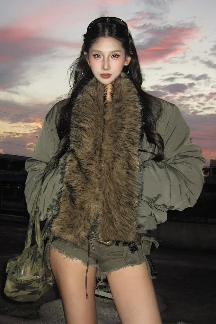 Army Green Faux Fur Collar Cargo Puffer Jacket
