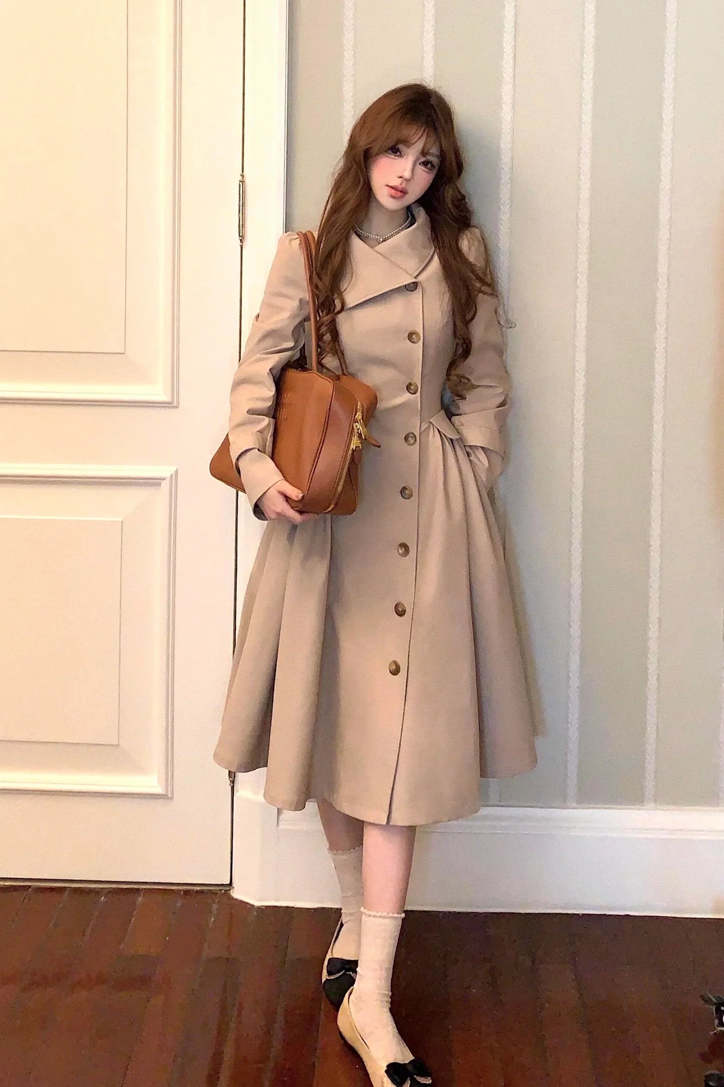 Beige Princess Style Waist Tie Trench Coat