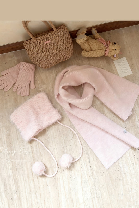 Imitation mink fur soft pink handmade fur ball cat ear hat scarf