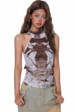 Backless printed neck hanging top