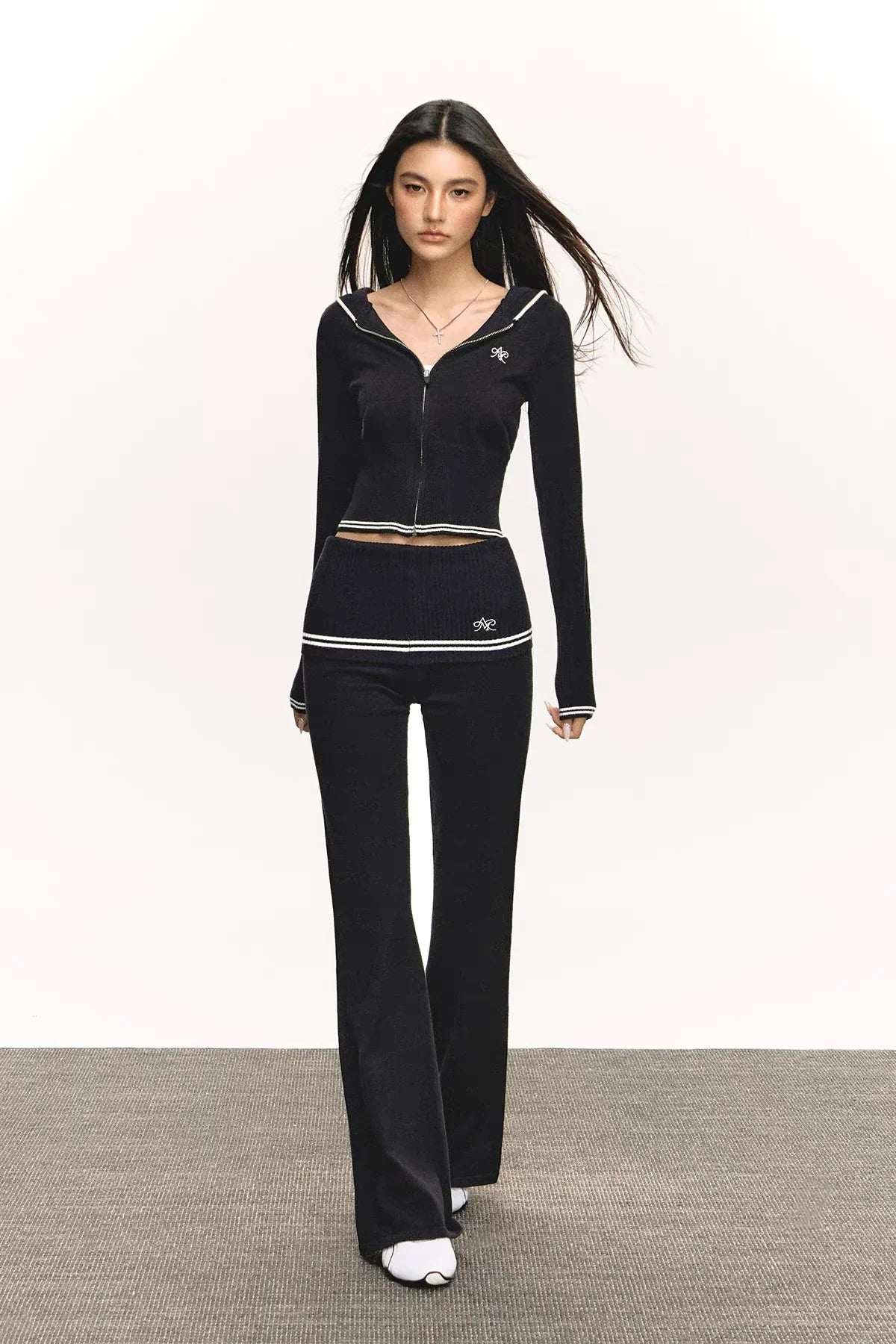 Hooded knit sweater flared pants set