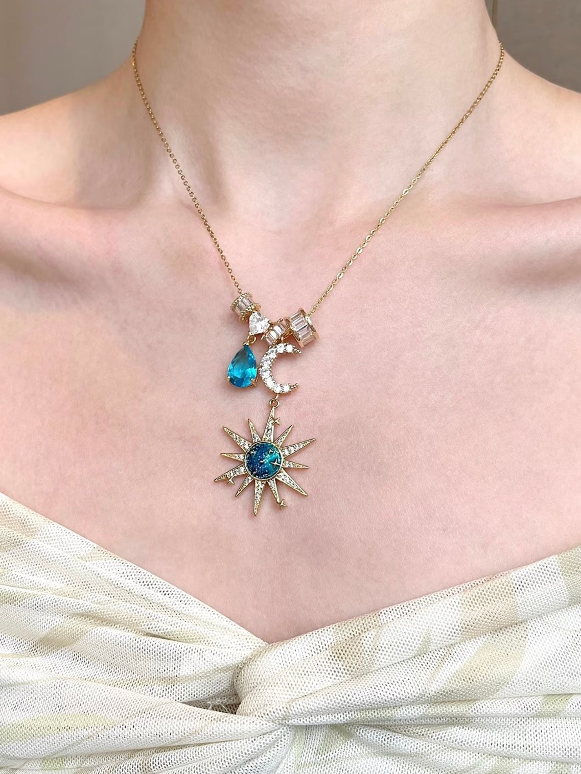 Sora Blue Sun Moon Zircon Necklace