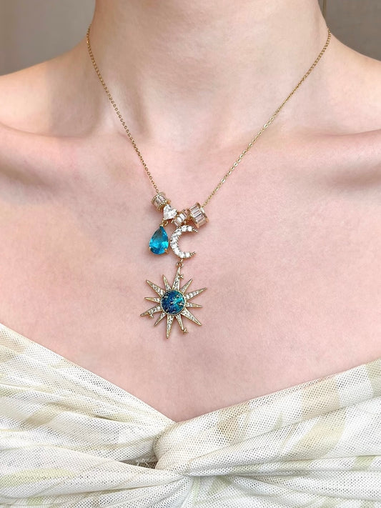 Sora Blue Sun Moon Zircon Necklace