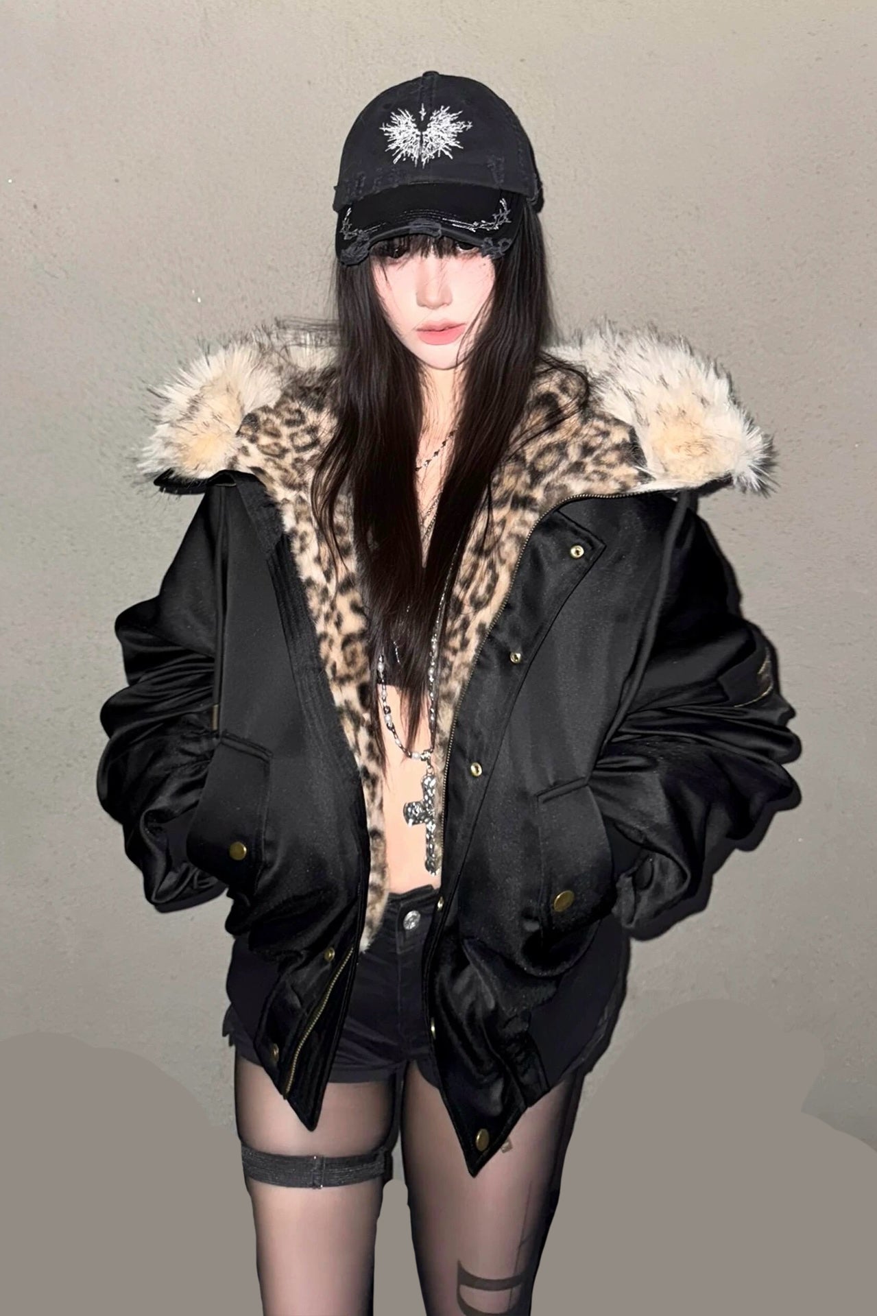 Leopard print hooded fur collar thickened 2000 red star armband cotton jacket