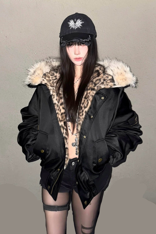 Leopard print hooded fur collar thickened 2000 red star armband cotton jacket