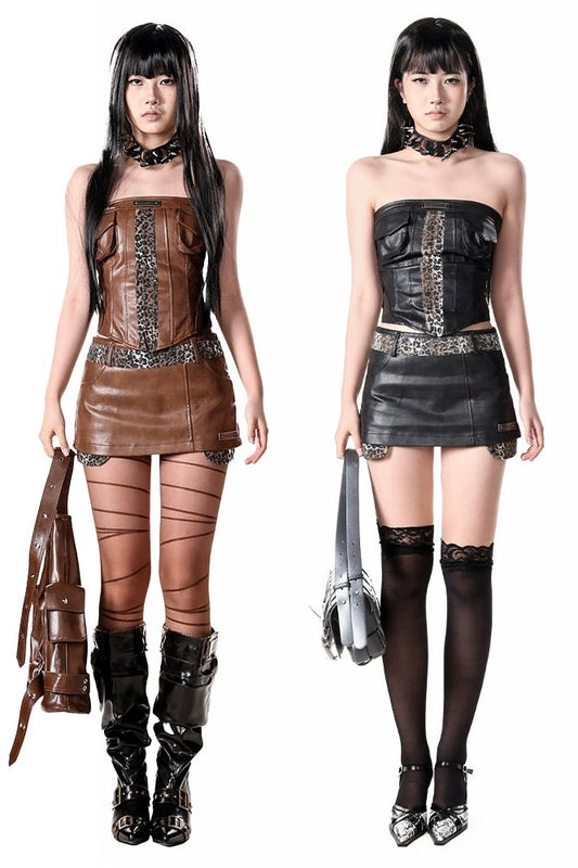 Leopard print tube top leather mini skirt set