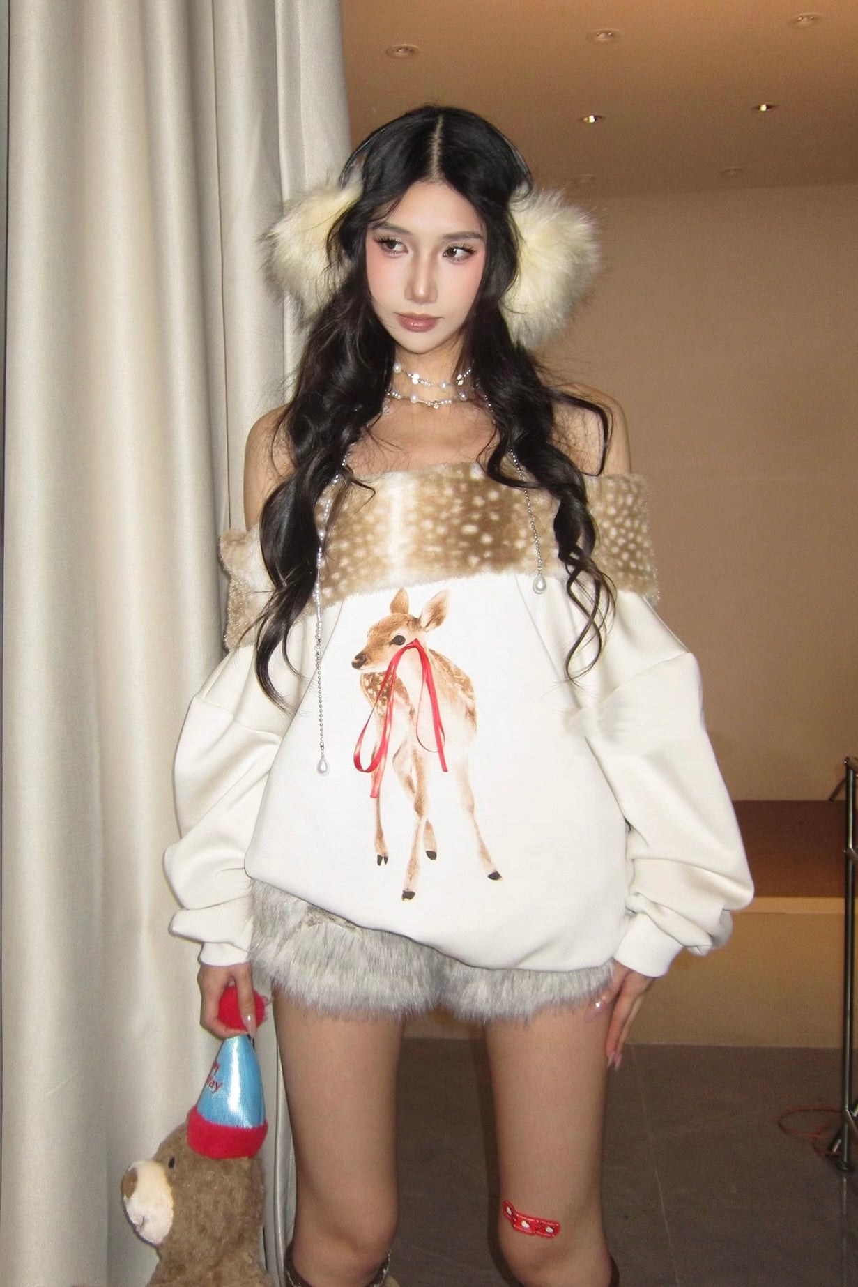 Deer print soft glutinous bow fur collar hoodie