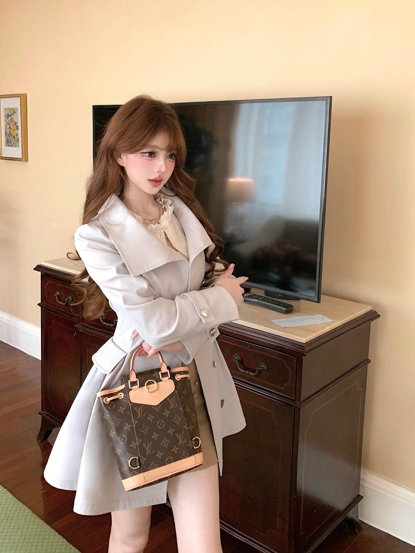 Light Grey Short Waist Tie Trench Coat