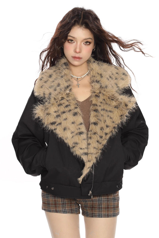 Leopard print fur collar patchwork lapel cotton jacket
