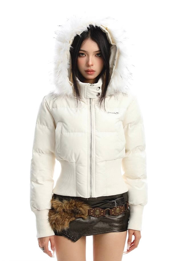 Detachable fur collar hooded short cotton padded coat