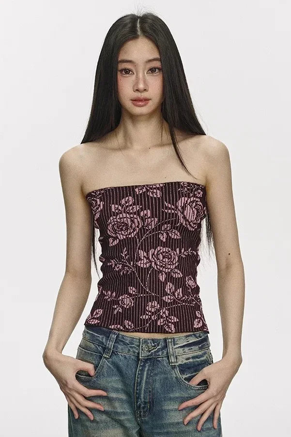 Rose print tube top pink