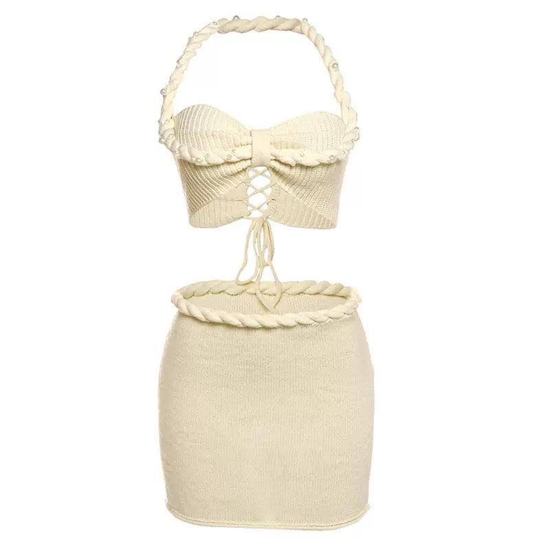 knitted beaded set yellow