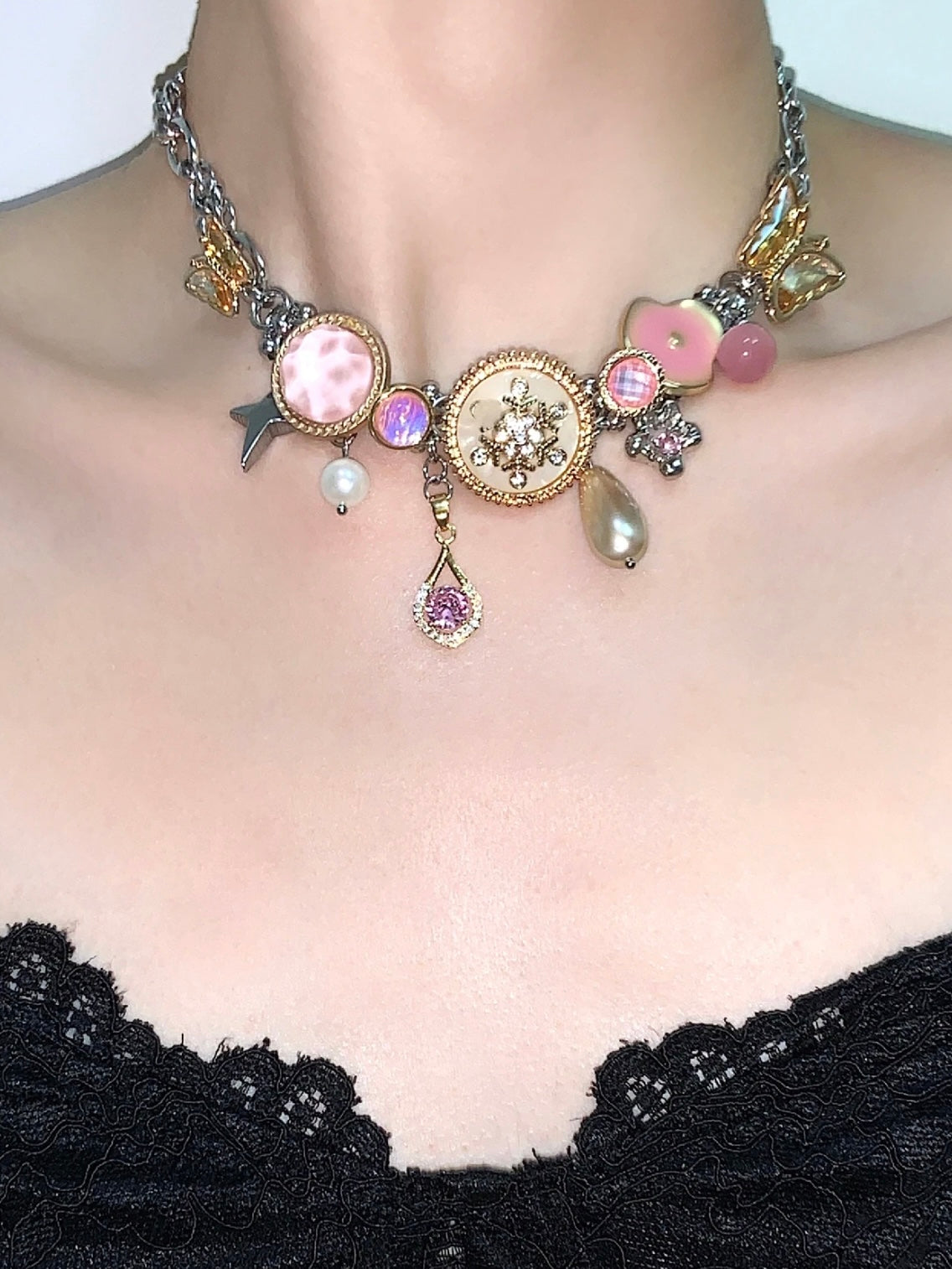 Golden Pink Beauty "Butterfly Button Titanium Steel Joker Bracelet Necklace