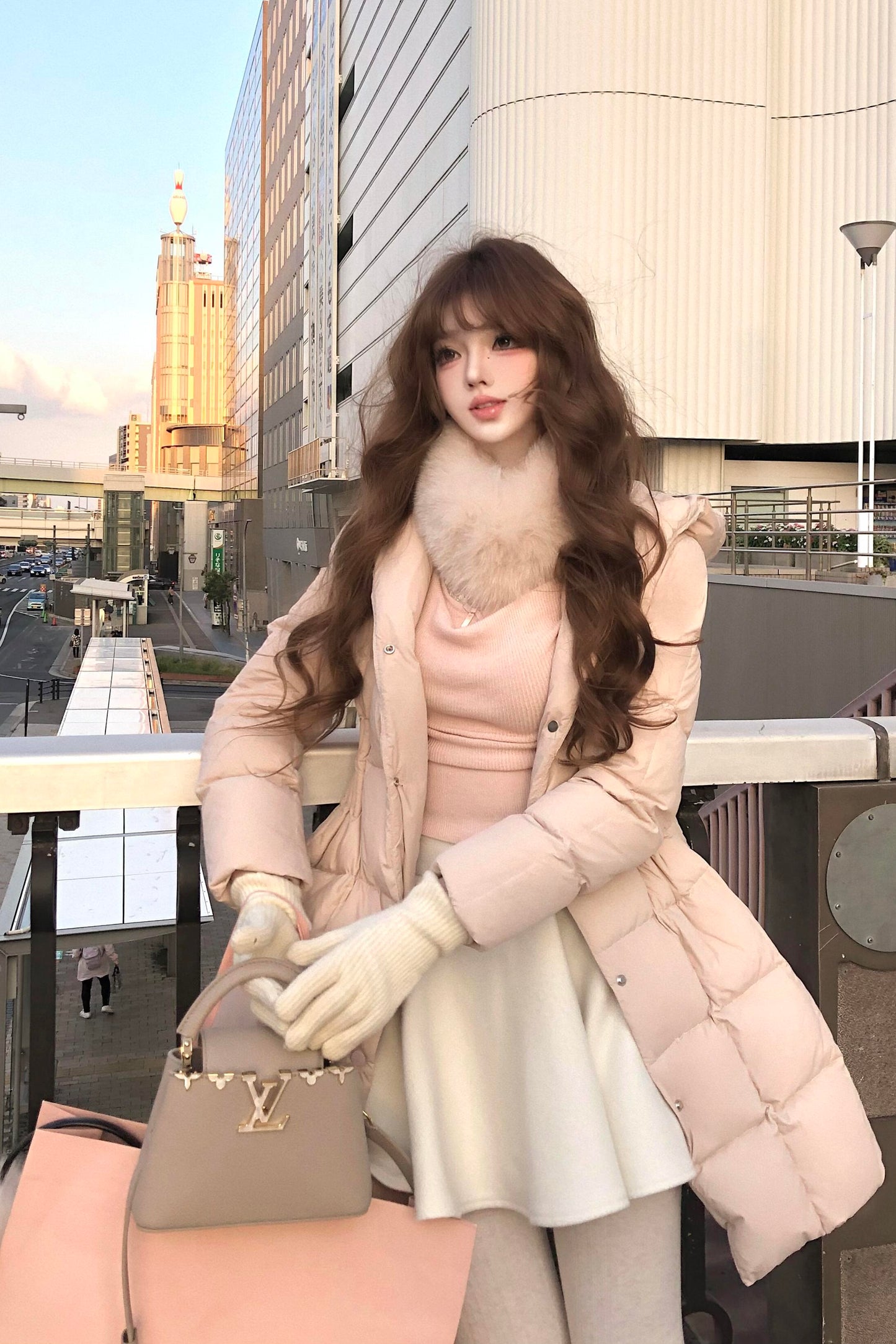 Waist down with fur collar cotton-padded jacket