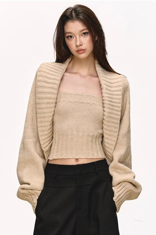 Khaki tube top cardigan sweater set