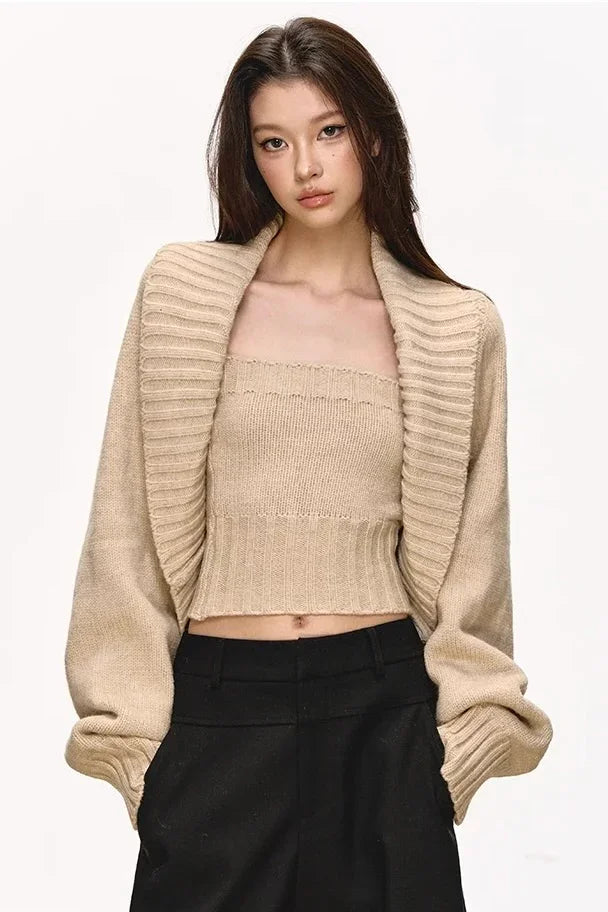 Khaki tube top cardigan sweater set