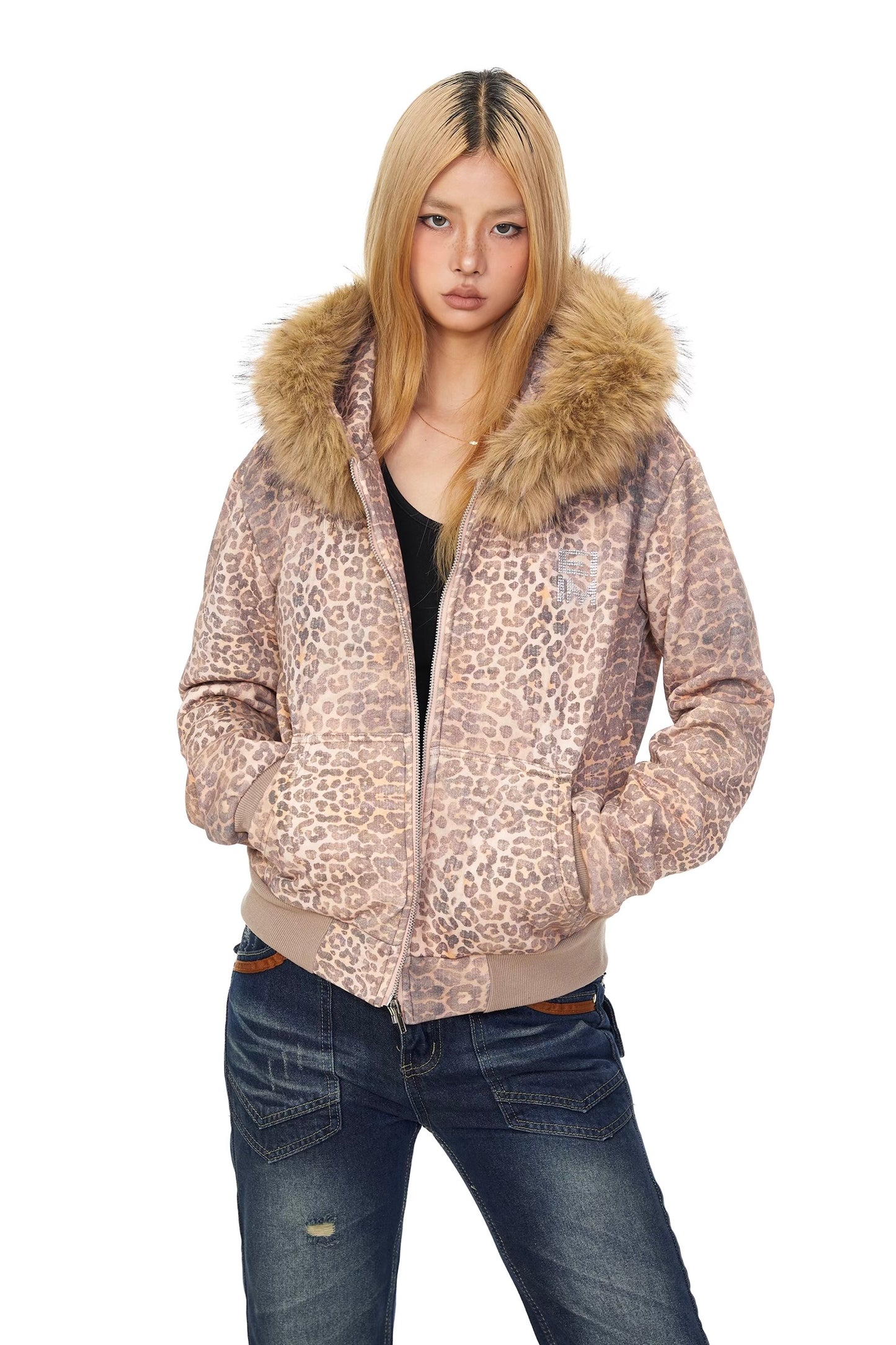 Leopard print and plush collar hooded sweatshirt