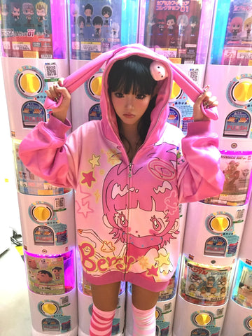 Pink girl rabbit ear velvet coat