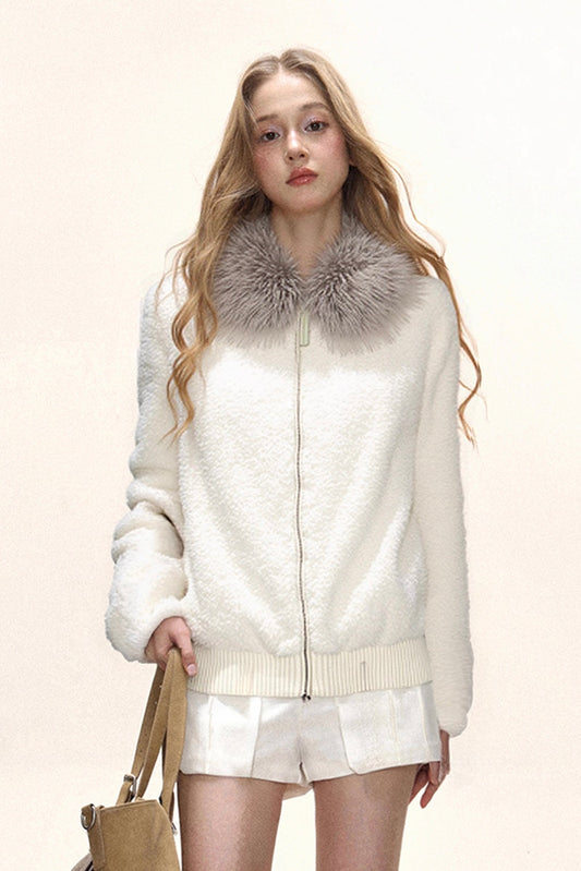Casual fur collar warm and plush fur jacket