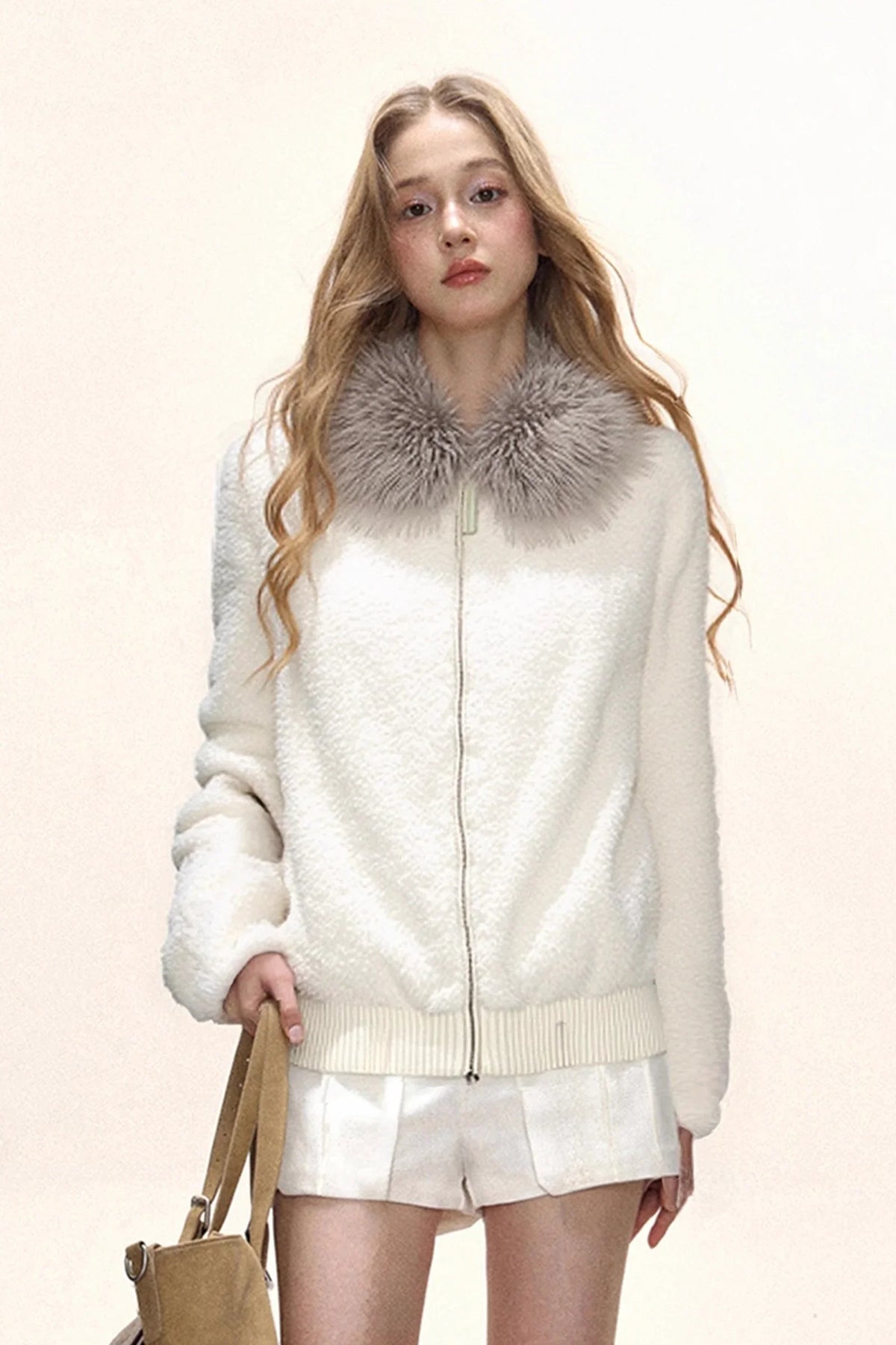 Casual fur collar warm and plush fur jacket