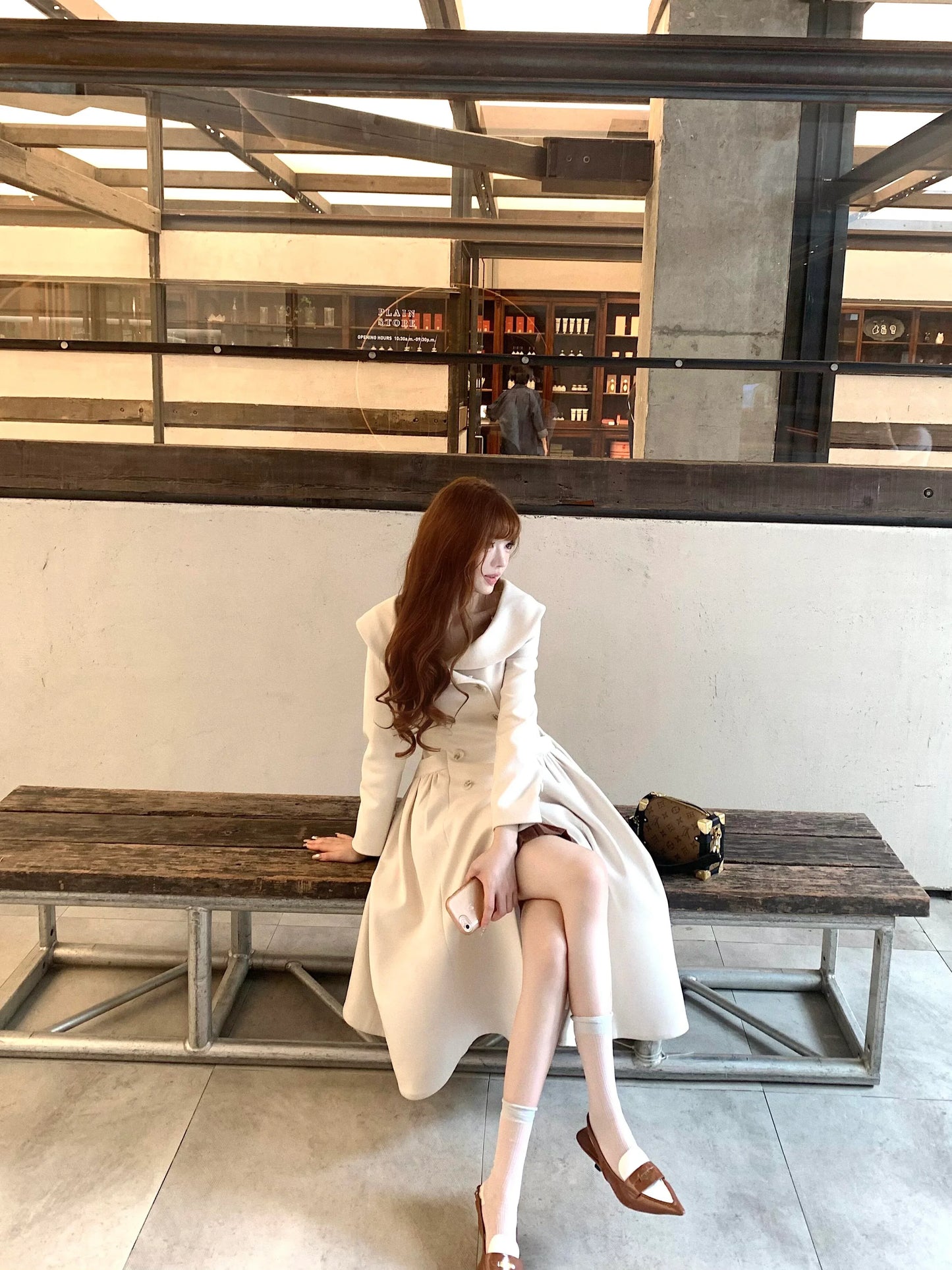 Ivory Faux Fur Collar Maxi Flare Coat