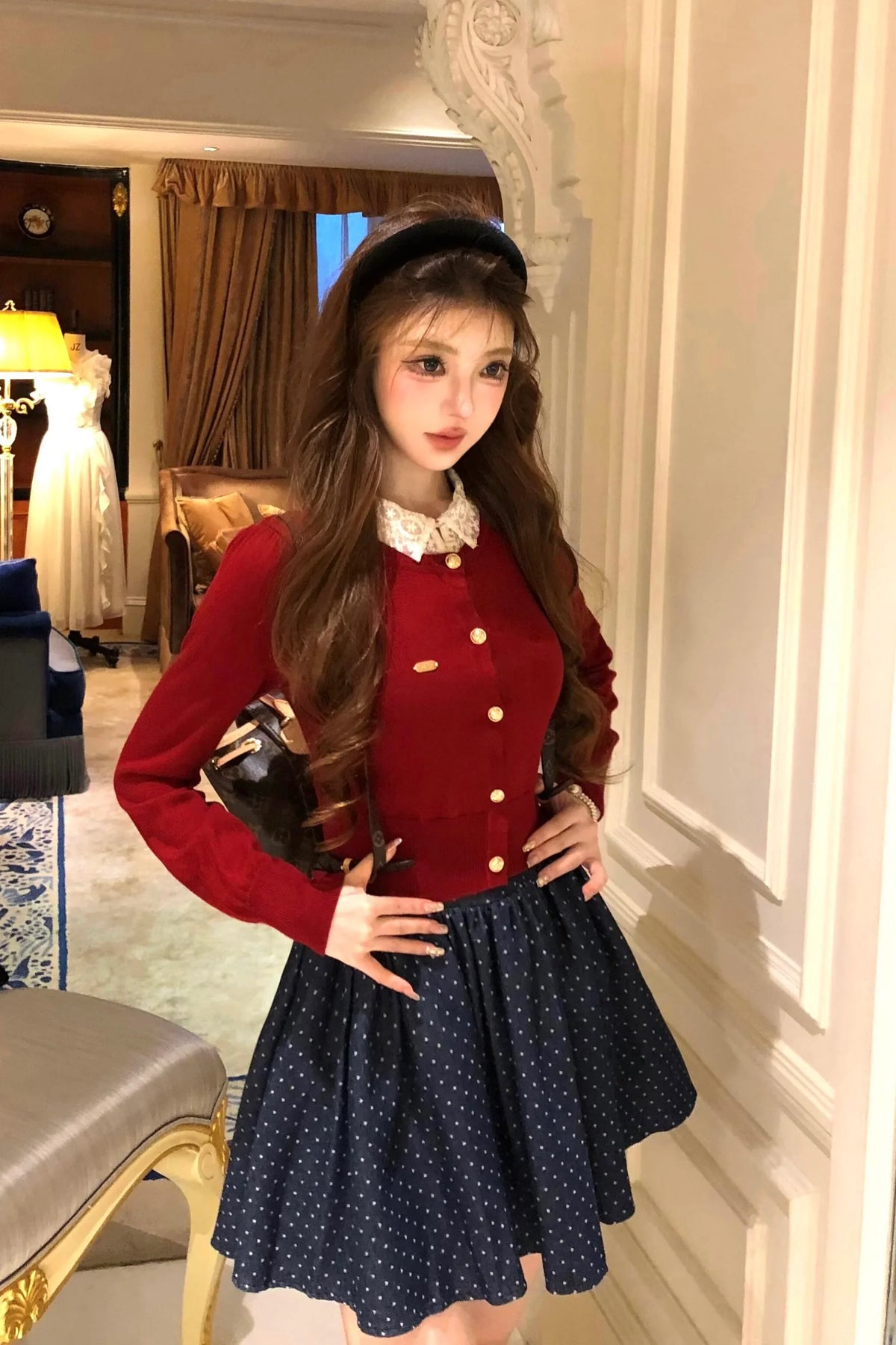 Waist two-tone cardigan jacket knitted sweater