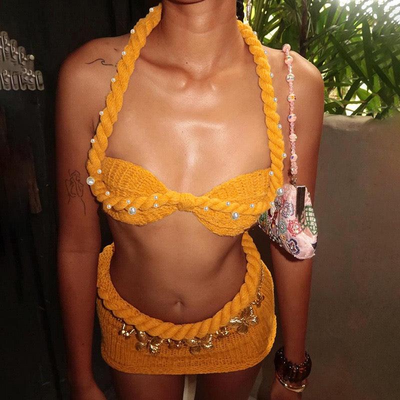 knitted beaded set yellow