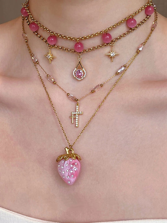 Pink Cat Eye Cross Strawberry Titanium Steel Necklace