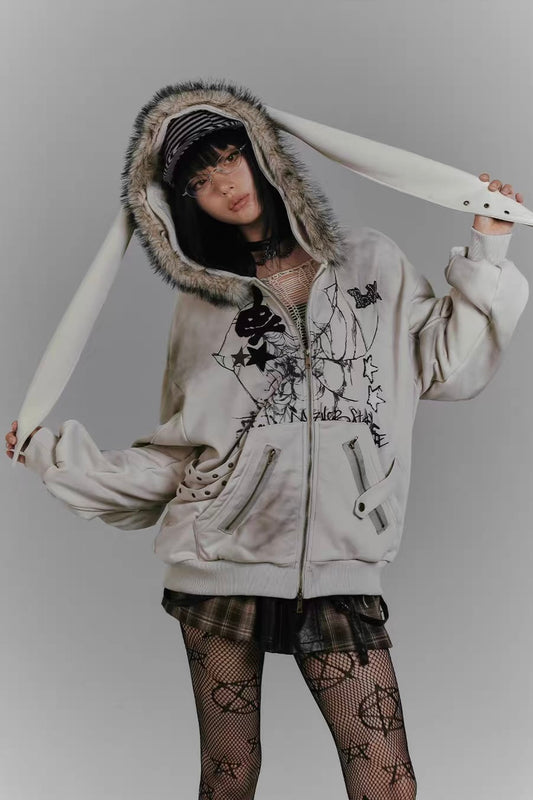 Rabbit ear hooded jacket, grey cotton coat