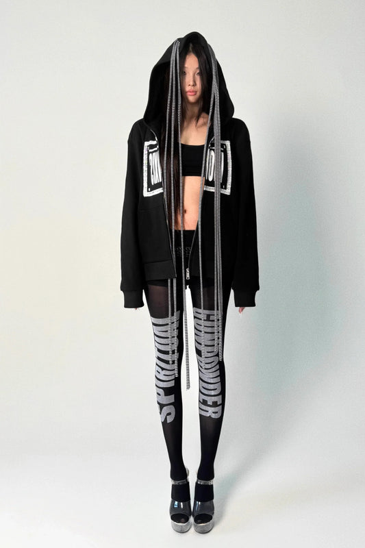 Street black and white striped fringe hoodie