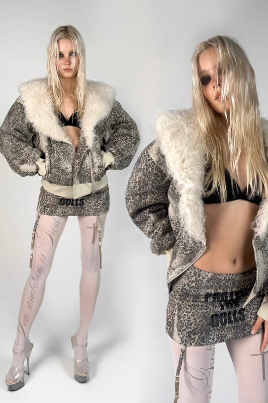 Snow leopard print large fur collar coat
