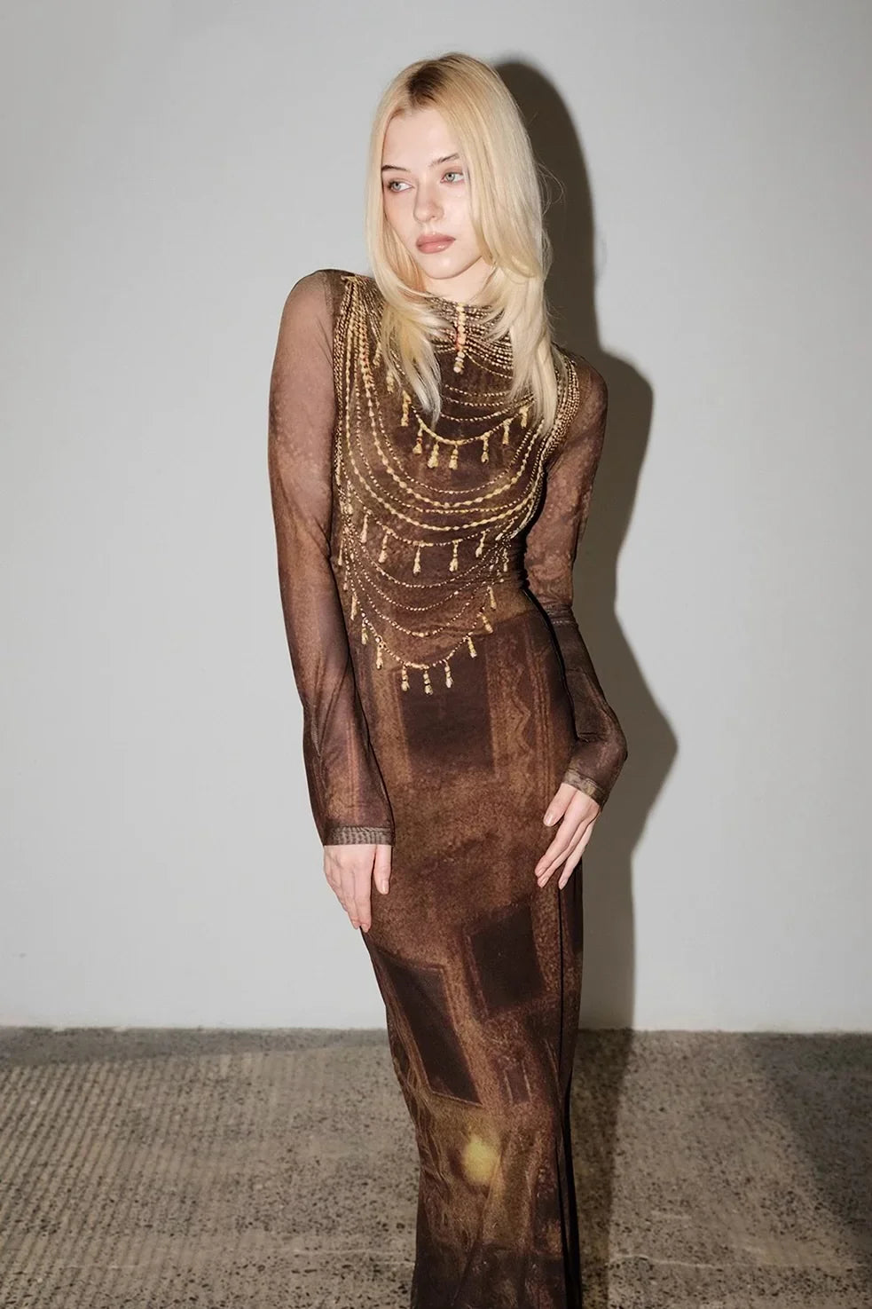Golden brown necklace print dress