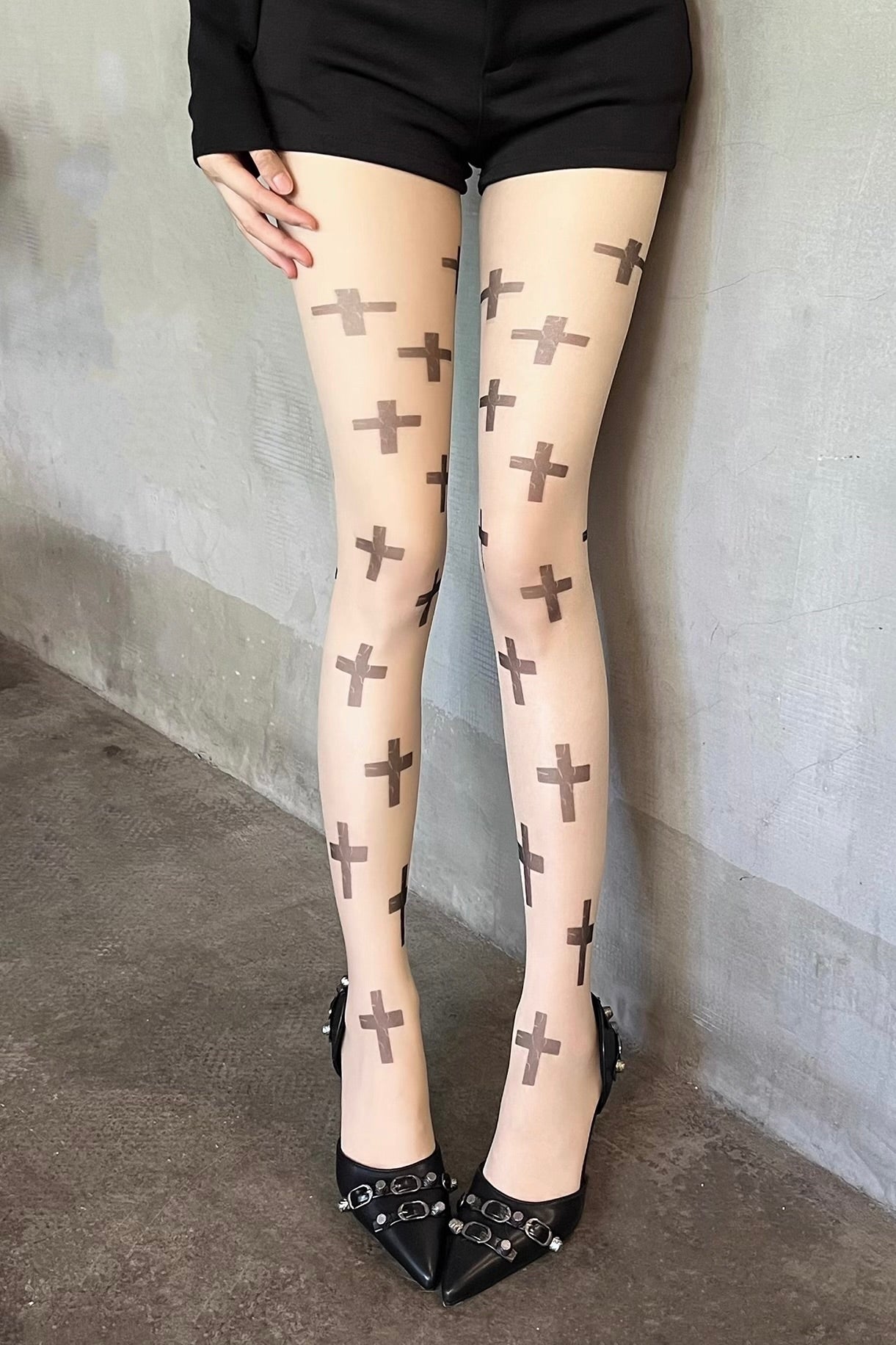 Minimalist Cross Print Sheer Tights
