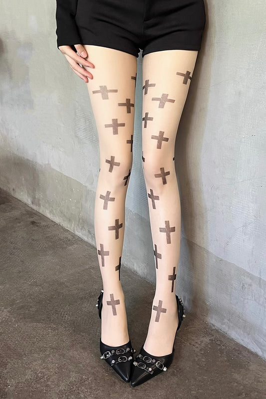 Minimalist Cross Print Sheer Tights
