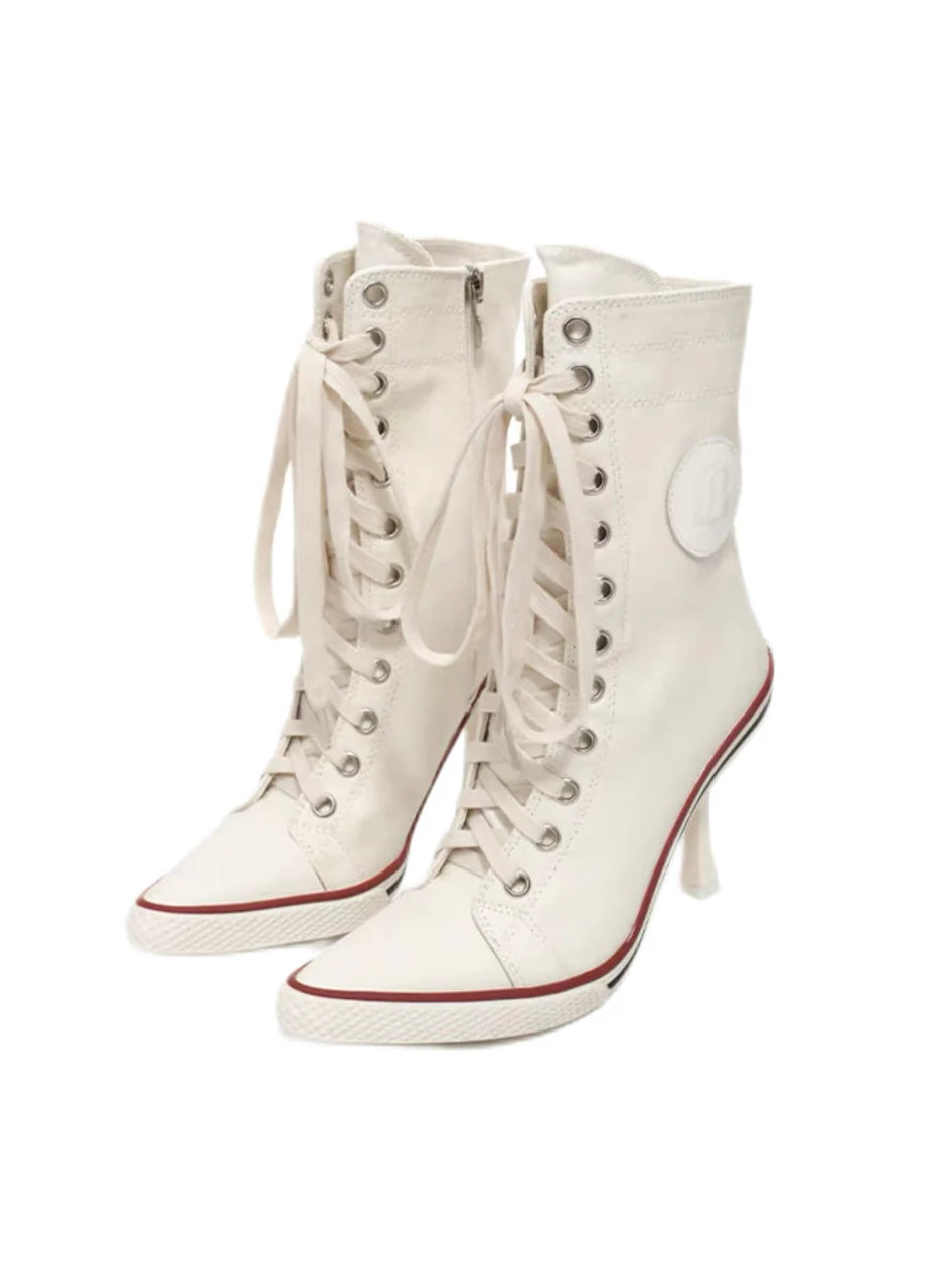 Sports style leather label canvas lace up high heels