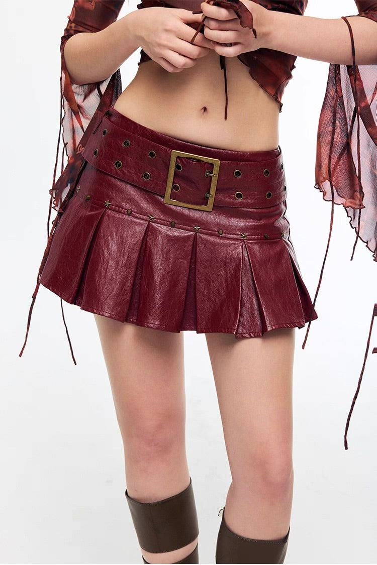 Rock pleated PU leather mini skirt