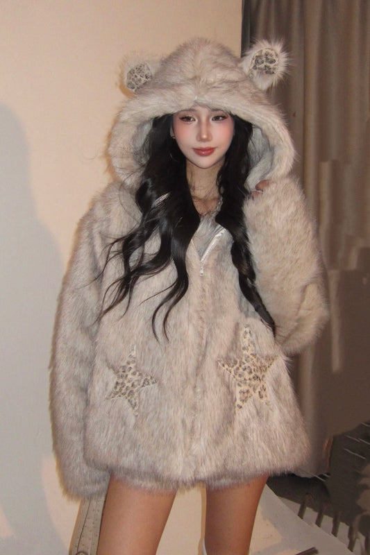 rabbit faux fur hooded cotton jacket