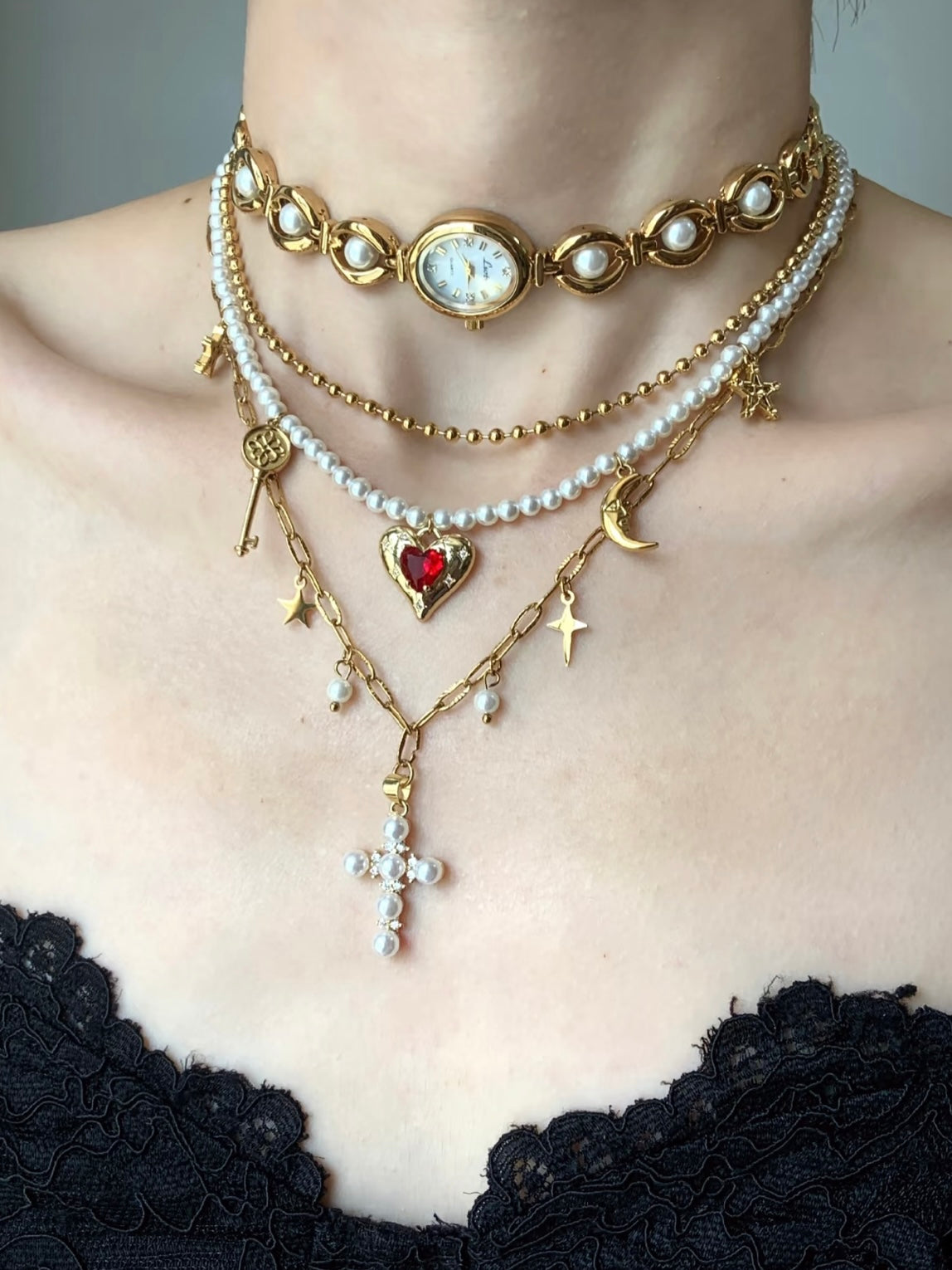 Diana Pearl Love Gold Clock Cross Necklace choker