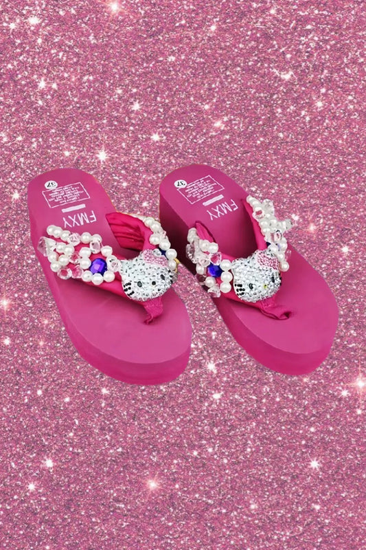 Rose Pink Hello Kitty Rhinestone Platform Slippers